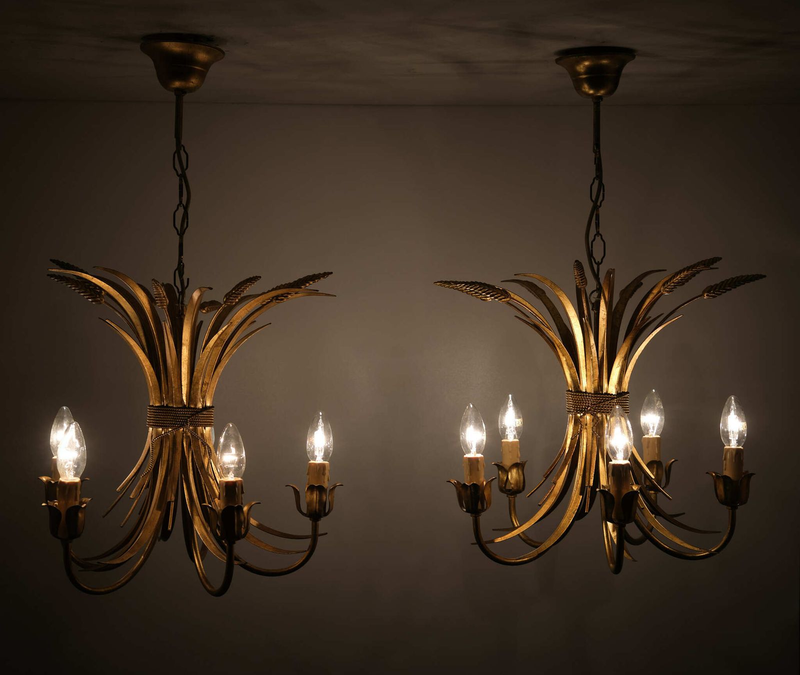 Pair Gilded Brass Wheat Sheaf Chandeliers Italy 1970s photo furniture