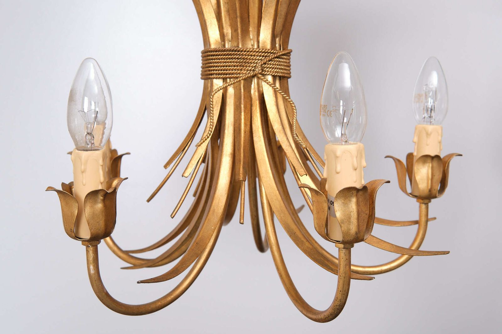 Pair Gilded Brass Wheat Sheaf Chandeliers Italy 1970s photo vintage