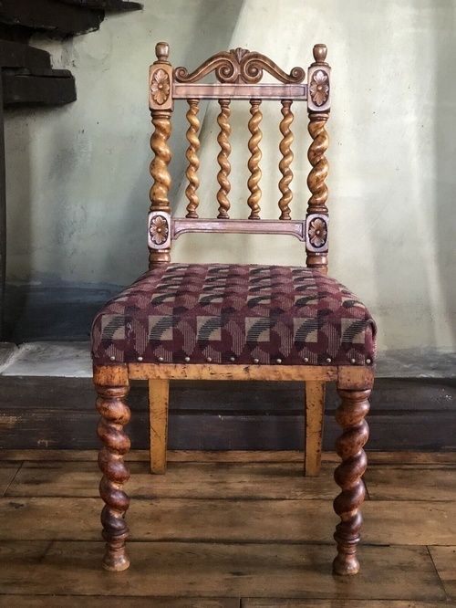 Charming Victorian Rustic Burr Walnut Barley Twist Burgandy Beige Black Occasional Hall Chair photo furniture