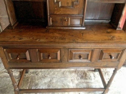 Antique Oak Rustic Farmhouse Kitchen Console Table Jacobean Revival Sideboard Dresser Plate Rack Early 1900's photo vinterior