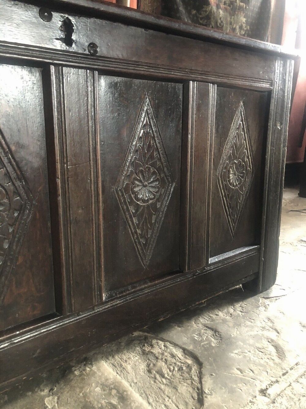 Very Heavy Rare Large Original Hand Carved English Oak Antique Trunk Chest Coffer 1600's photo for sale