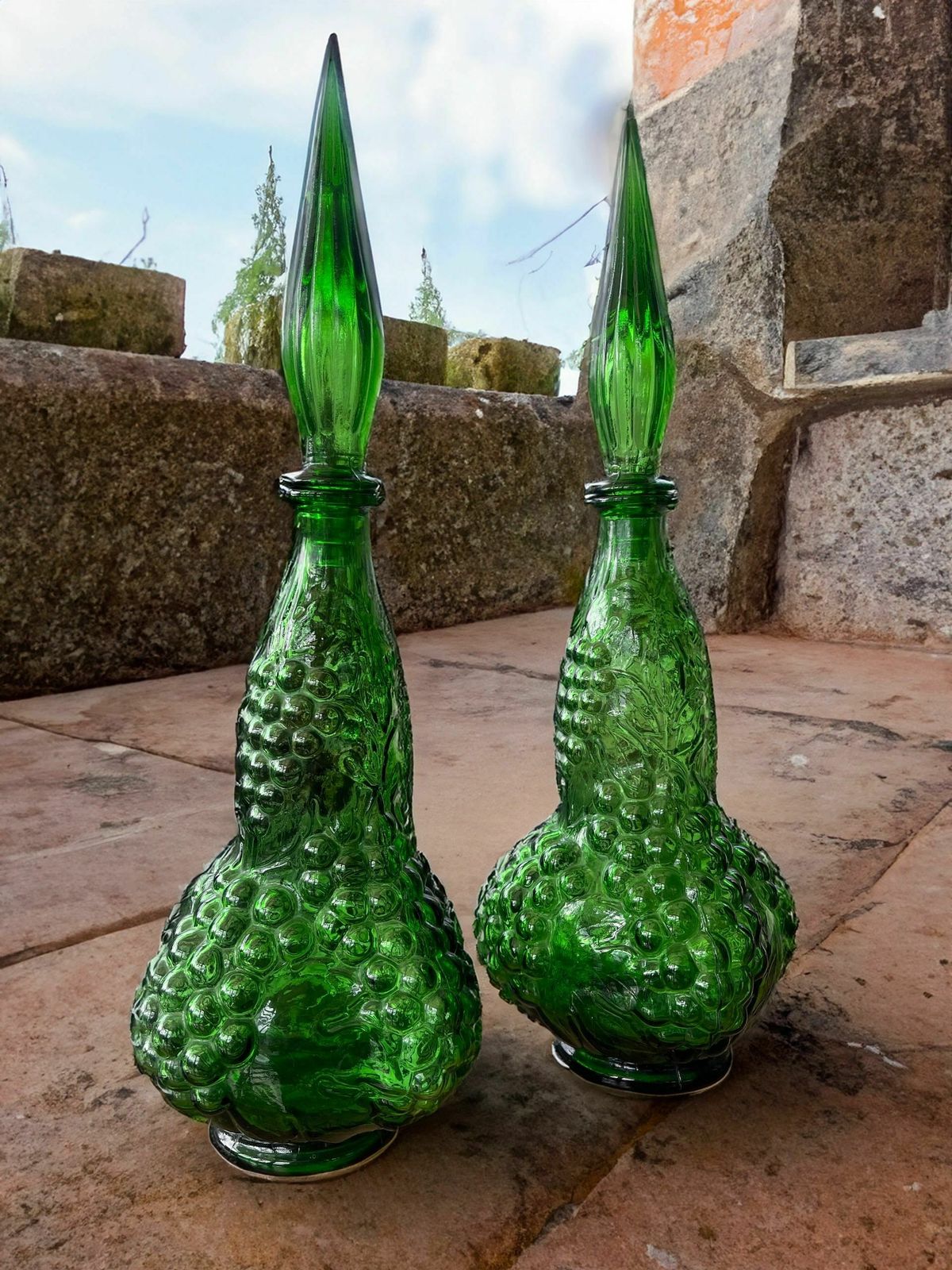 Pair Of Italian Empoli Emerald Green Grape Design Glass Genie Decanter Bottles