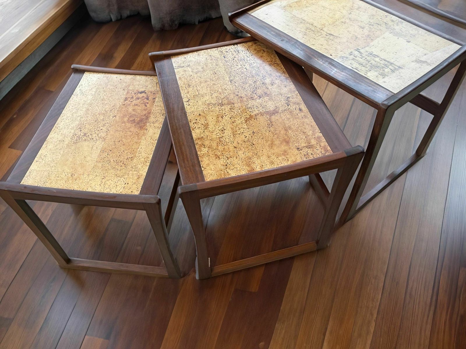 Mid Century Gplan Vintage Trio Of Nesting Tables With Retro Cork Effect Patina Inserts photo for sale