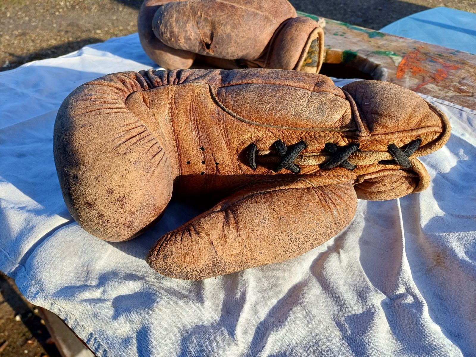 188.0 Pair Of Old Leather Boxing Gloves photo