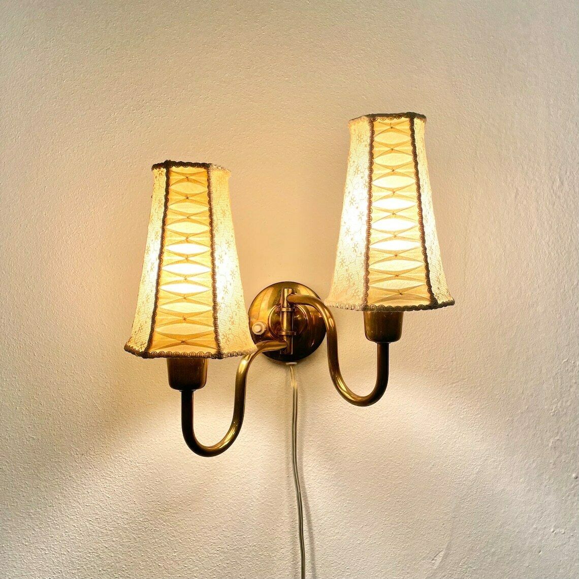 Danish Mid Century Design Brass Wall Lamp With Double Sockets And Organic Expression With Cute Vintage Fabric Shades
