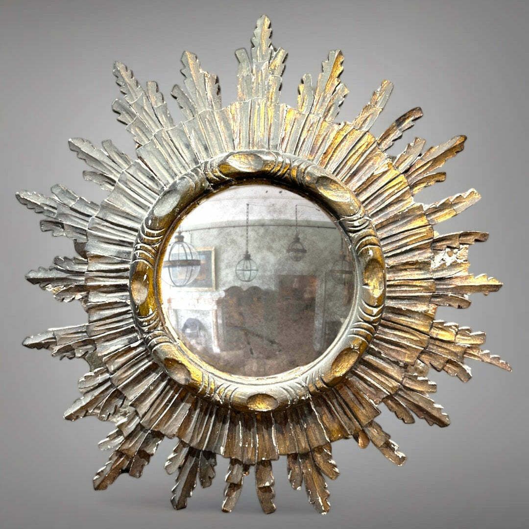 Early Antique Midcentury Hand Carved Spanish Giltwood & Gesso Convex “Sunburst” Mirror Of Rare Large Scale With Foxed Convex Mirror Plate Circa 1870