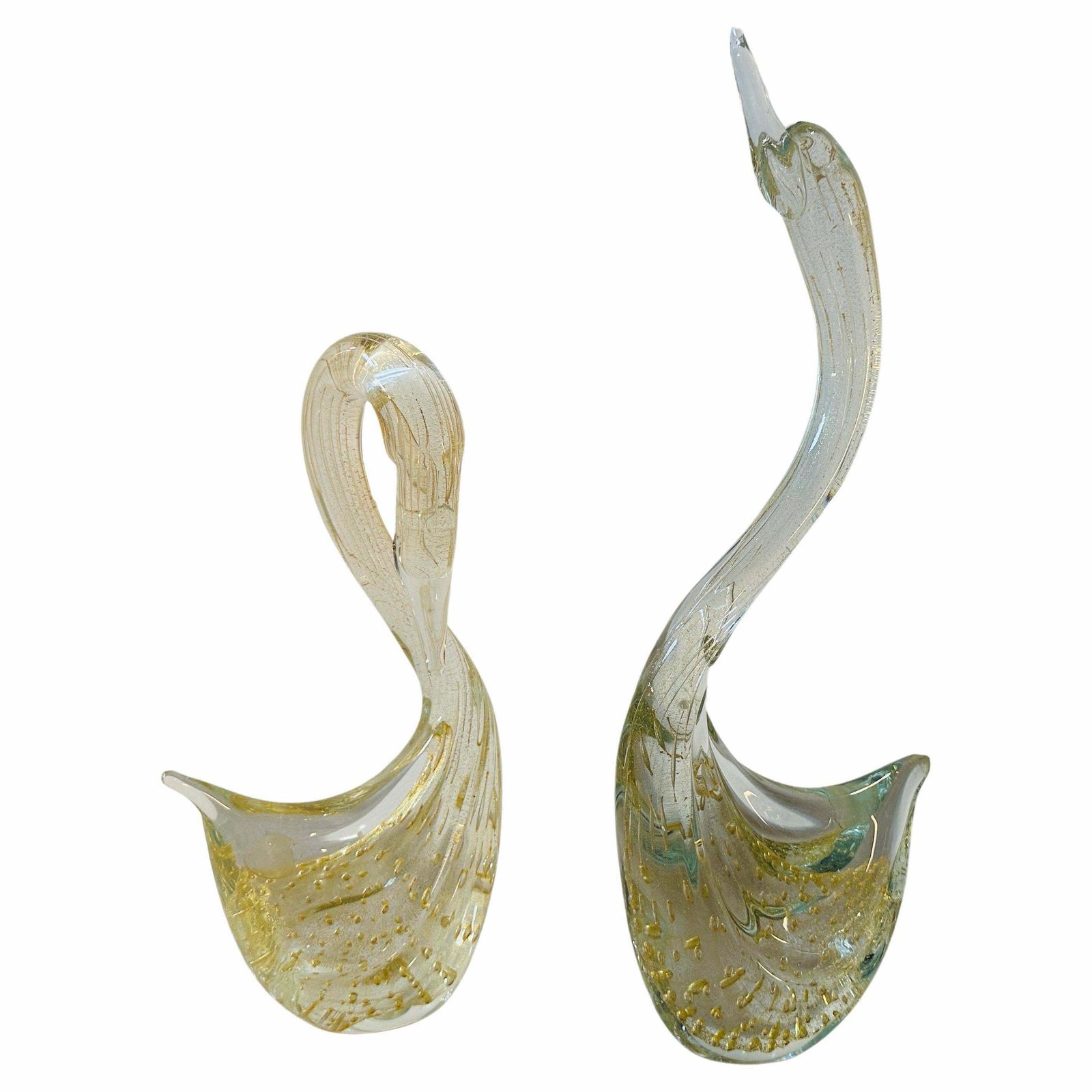Two 1960s Modernist Clear And Gold Murano Glass Sculptures Of Swan