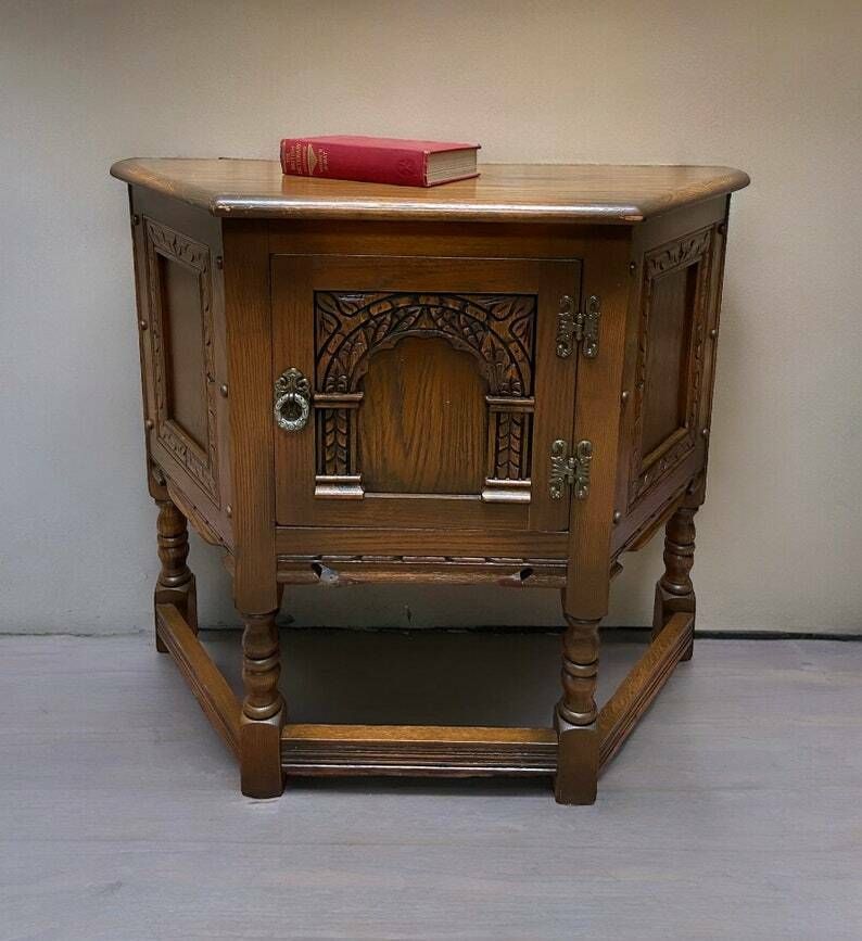 Vintage Old Charm Wood Brothers / Traditional Chestnut / Side Cabinet / Free Delivery / Carved Oak / C1960s