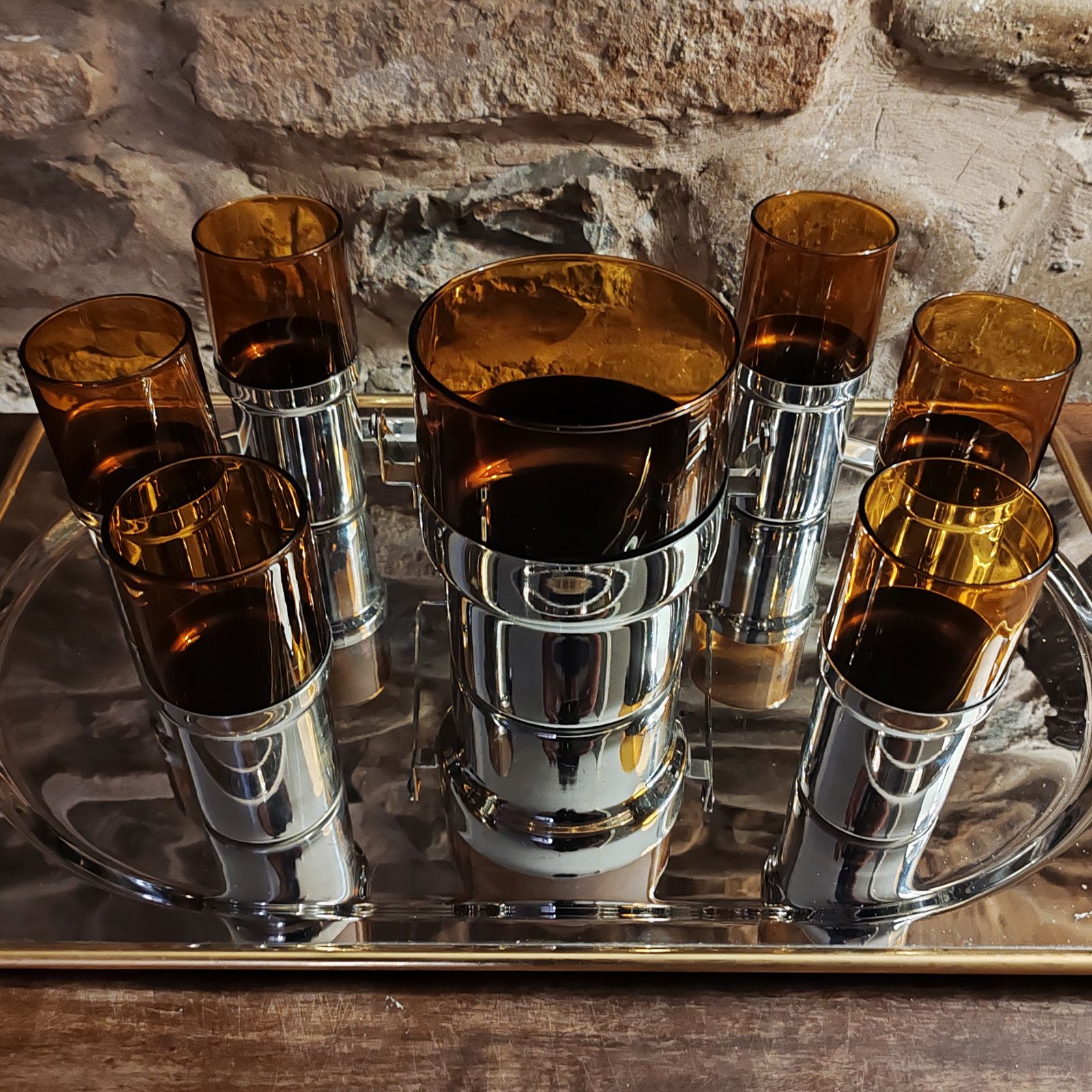 Glass And Metal Set With Ice Bucket And 6 Glasses By Pran   1970s photo furniture