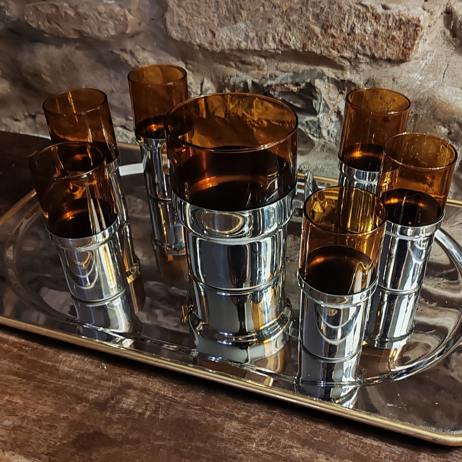 Glass And Metal Set With Ice Bucket And 6 Glasses By Pran   1970s photo for sale