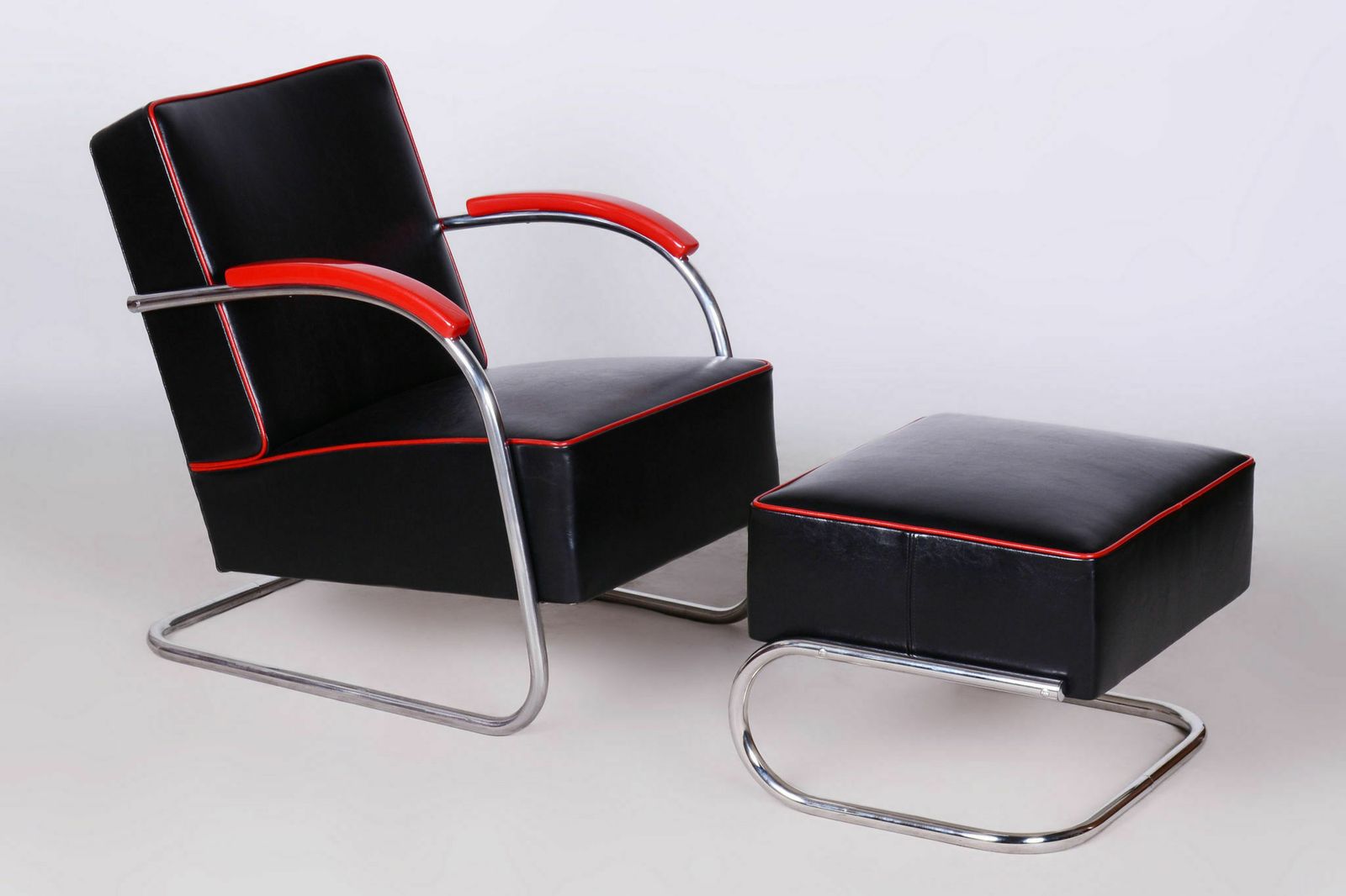 Restored Bauhaus Armchair With Footstool, By Mücke Melder, Steel, Czech, 1930s