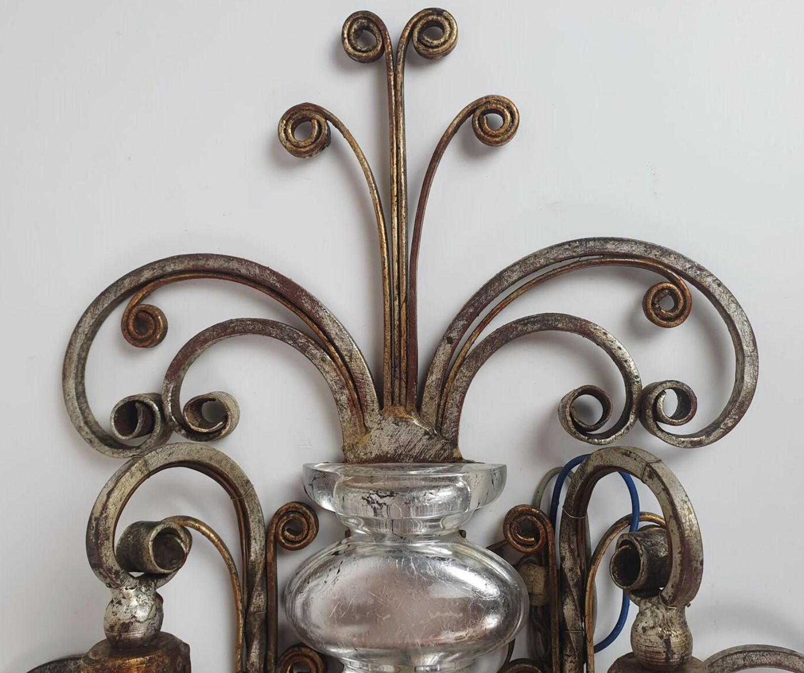 Pair Of Silver Wrought Iron And Glass Wall Lights By Banci, Italy, 1940s photo furniture