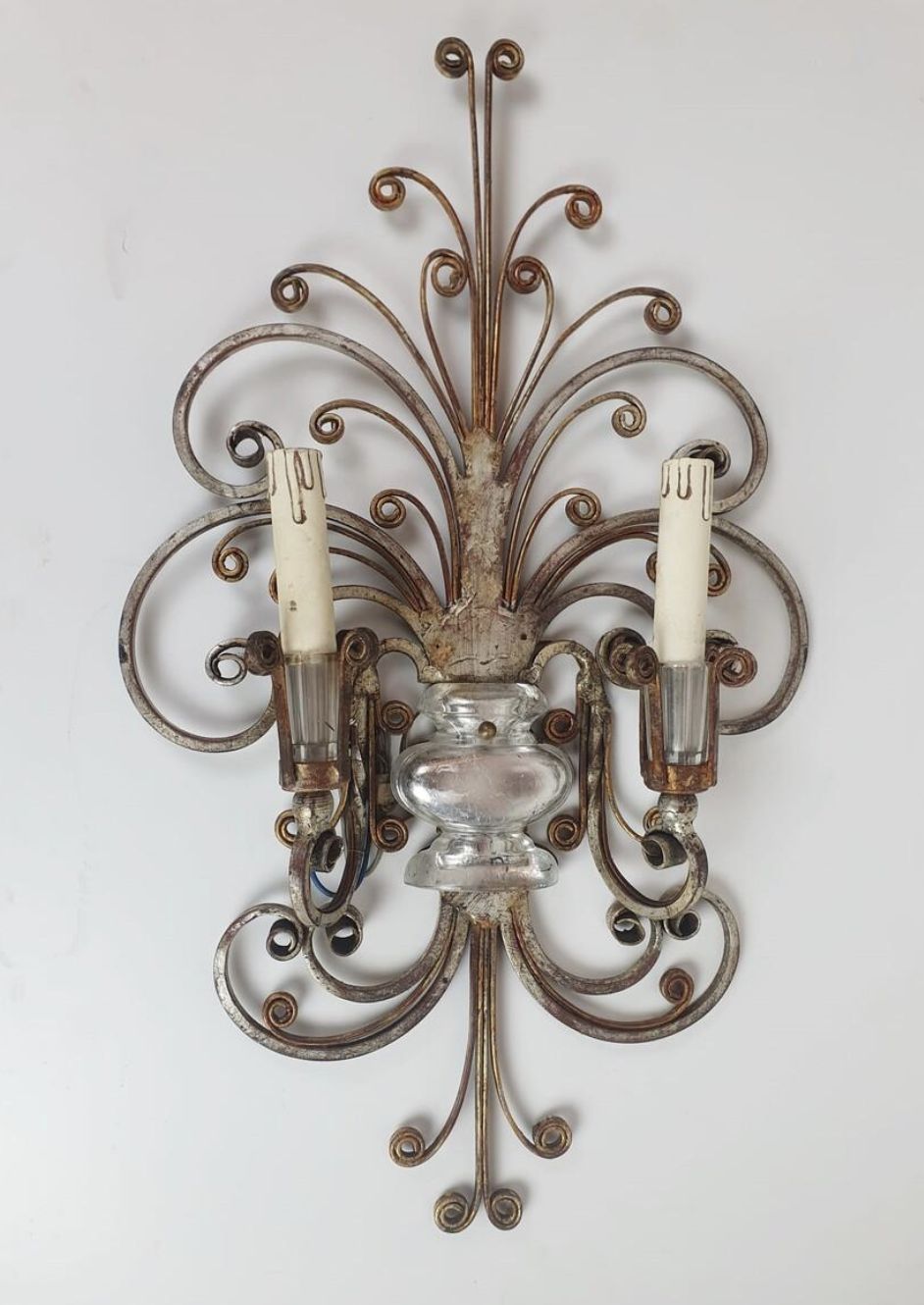 Pair Of Silver Wrought Iron And Glass Wall Lights By Banci, Italy, 1940s photo 2350.0
