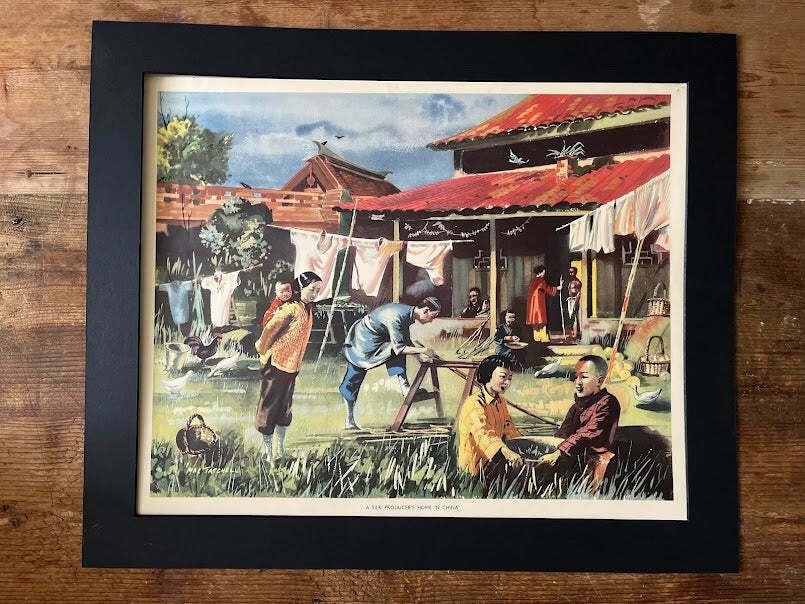 Vintage 1950s School Poster   'A Silk Producers Home, China By Mac Tatchell'