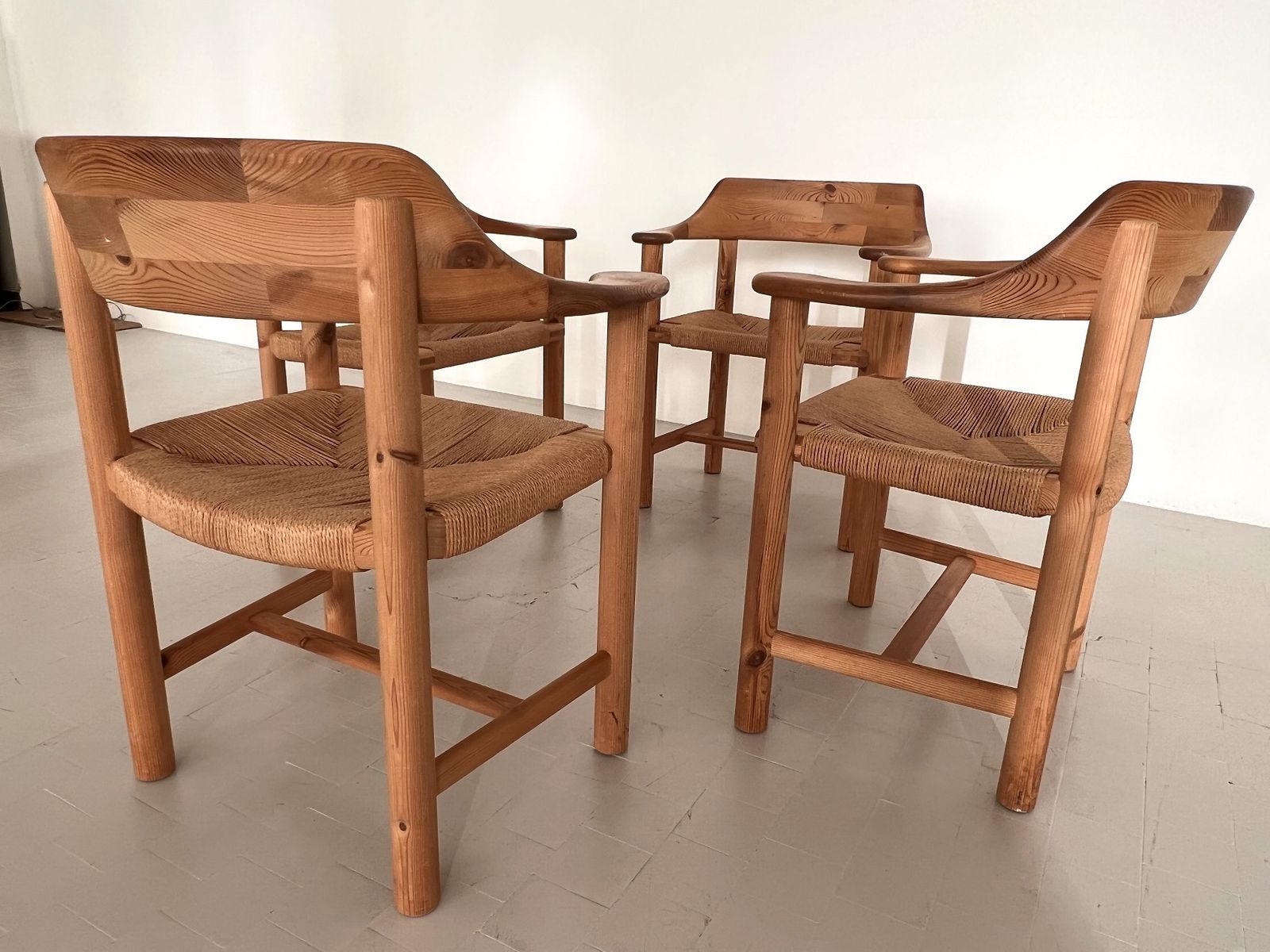 Furniture Rainer Daumiller Dining Chairs In Pine And Paper Cord, 1970s photo