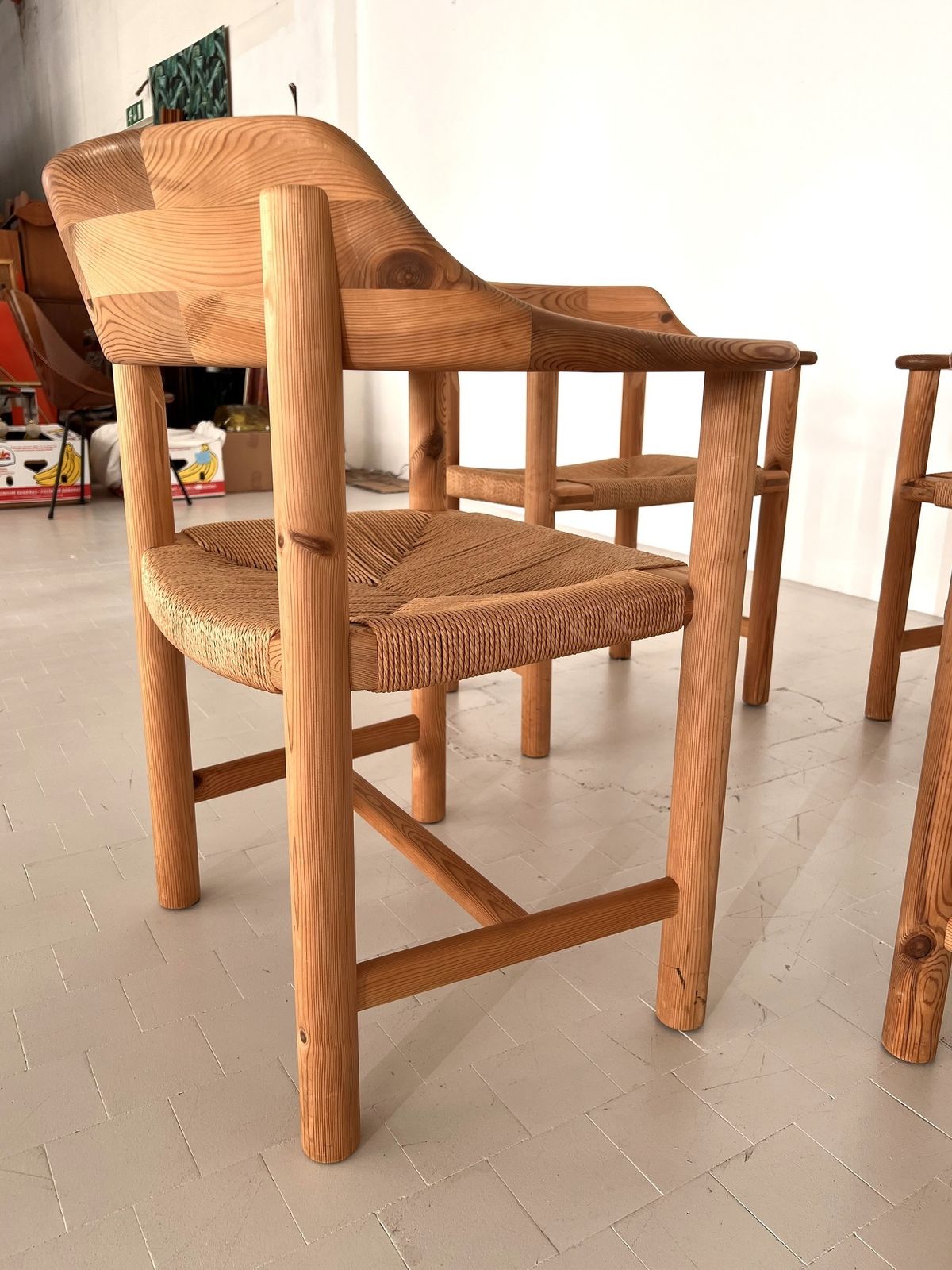 photo vintage Rainer Daumiller Dining Chairs In Pine And Paper Cord, 1970s