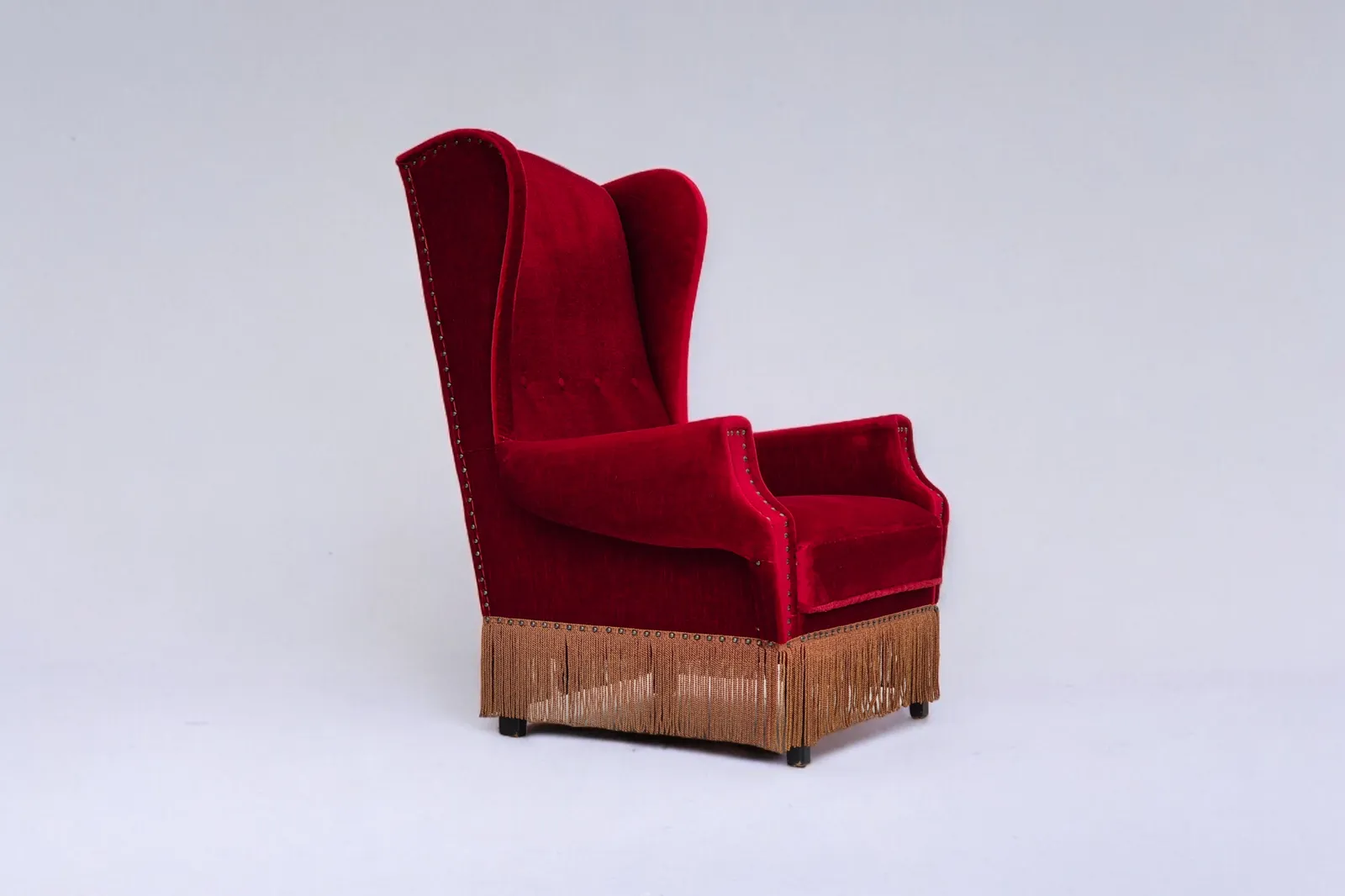 1960s, Danish Wingback Armchair, Original, Furniture Velour, Oak Wood Legs.