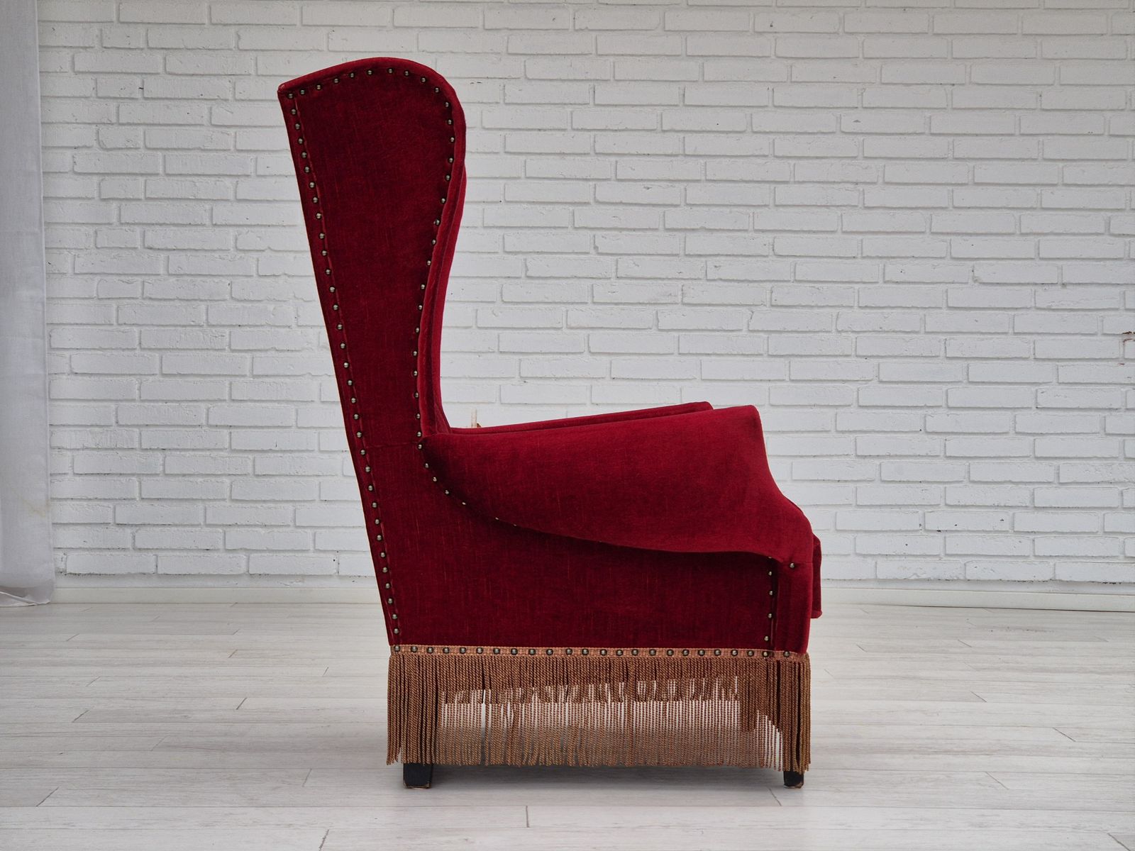 photo buy 1960s, Danish Wingback Armchair, Original, Furniture Velour, Oak Wood Legs.