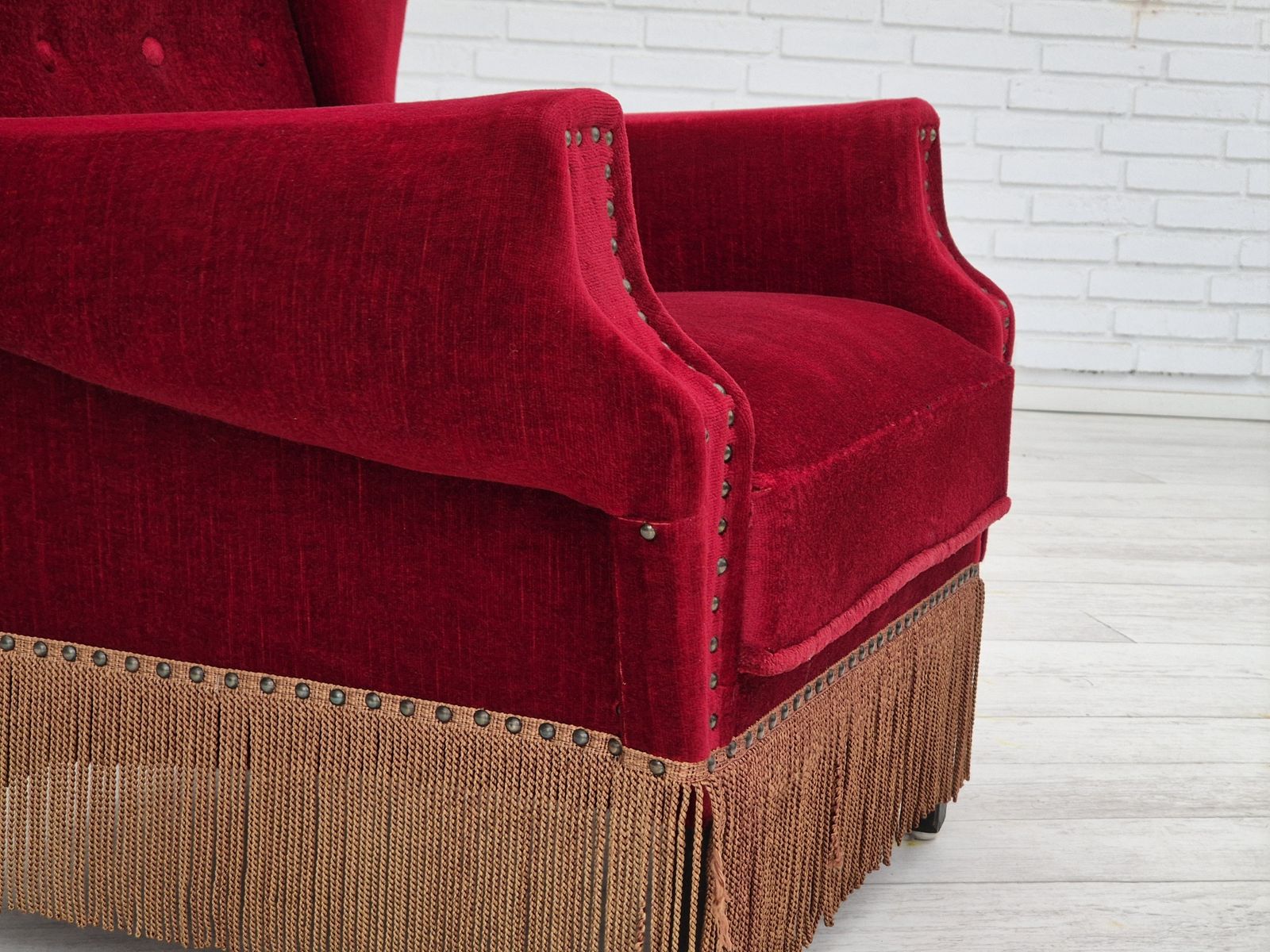 1960s, Danish Lounge Chair, Original, Furniture Velour, Oak Wood Legs. photo for sale