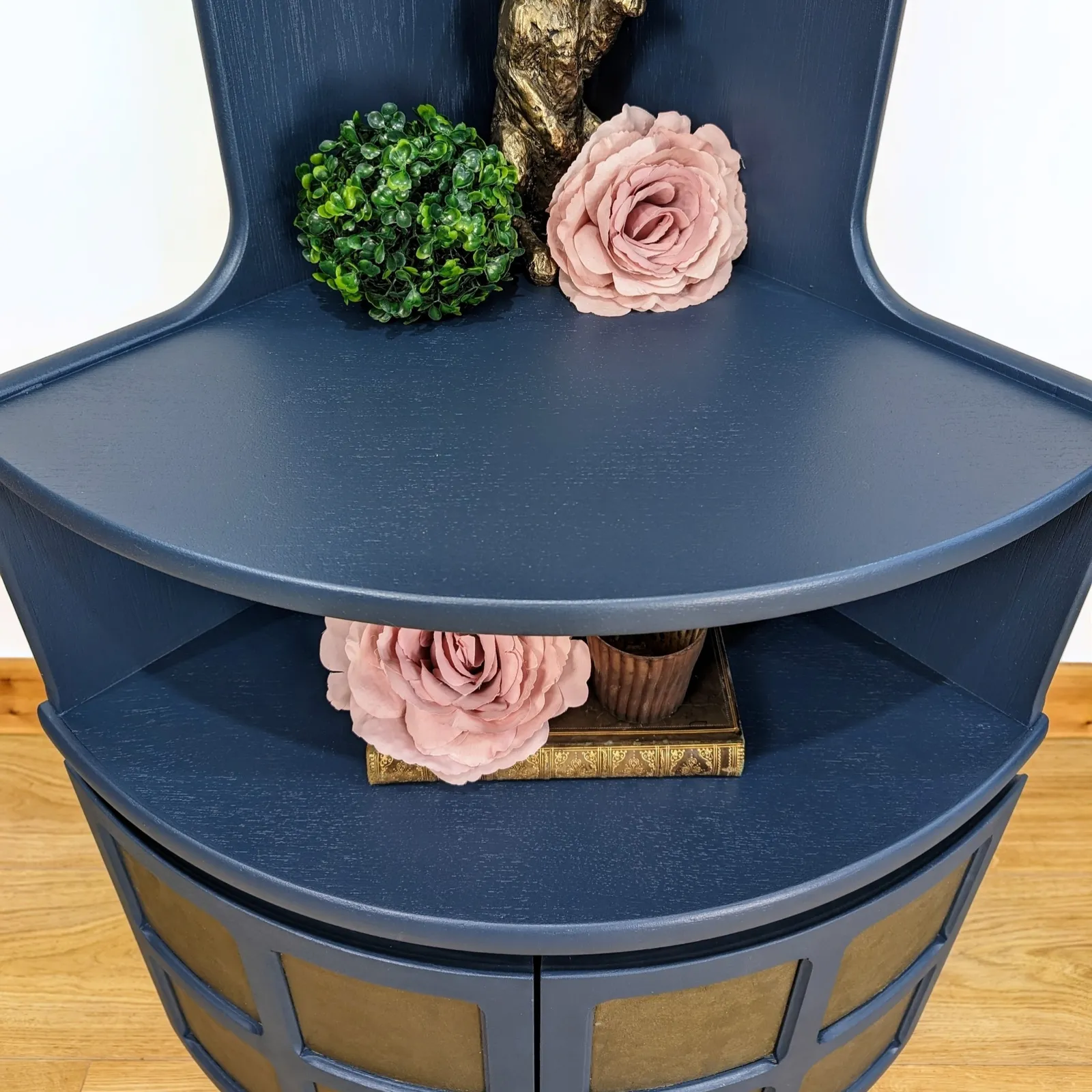 Nathan Squares Corner Unit, Teak Mid Century Modern Display And Storage, Gin Or Cocktail Bar. Painted In Deep Navy With Bronze Metallic Details photo Furniture