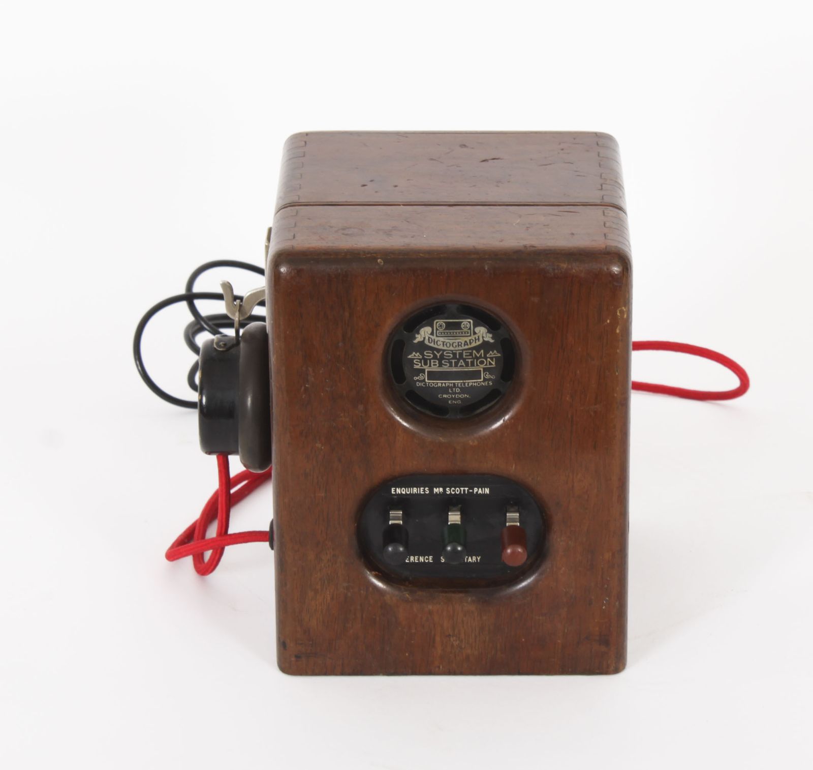 Home Decor Black Bakelite  Rotary Wall Cradle Telephone & Dictograph C1940s Mid Century photo