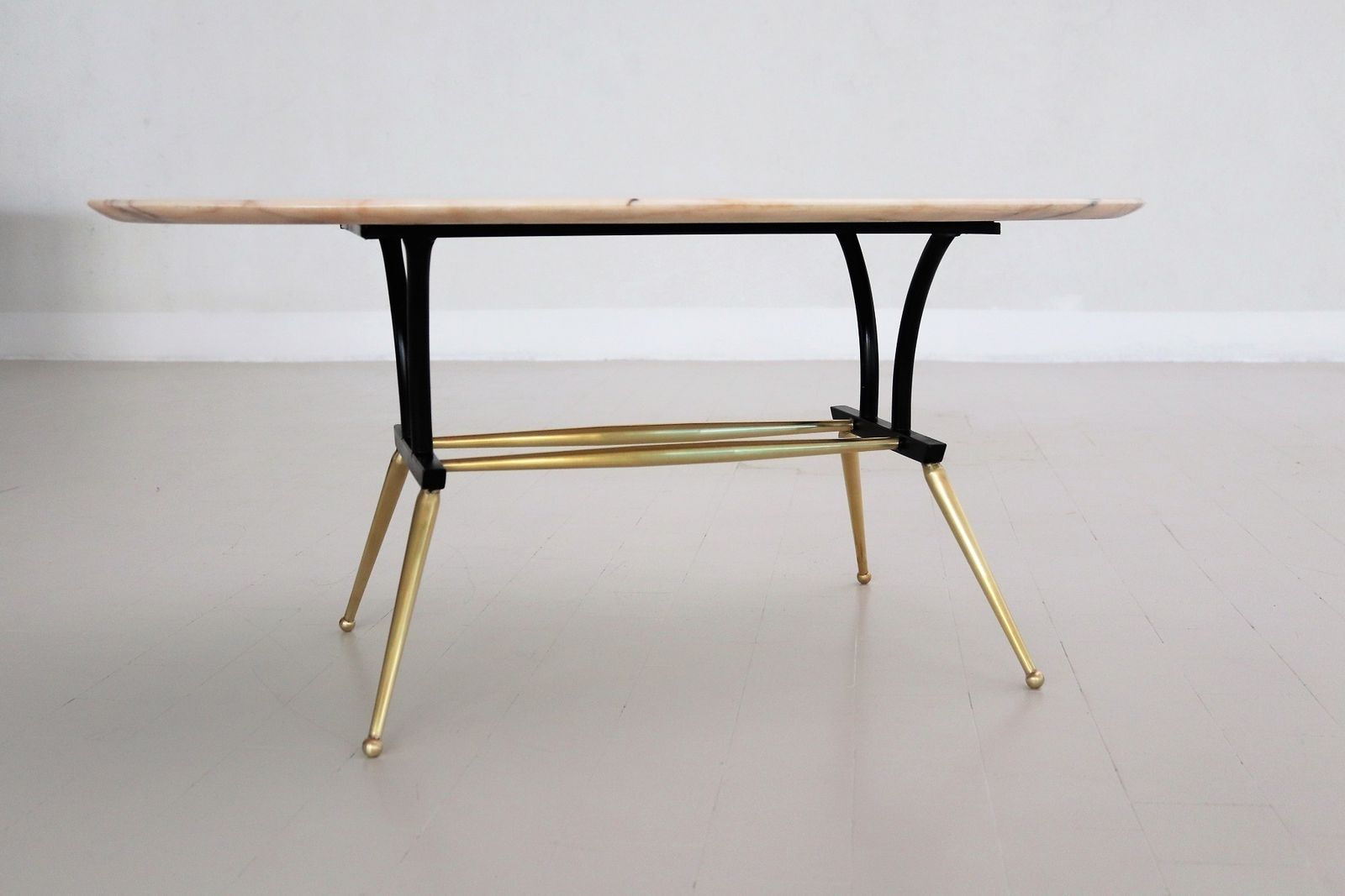 photo for sale Italian Midcentury Coffee Table With Pink And Grey Marble And Brass Feet, 1950s
