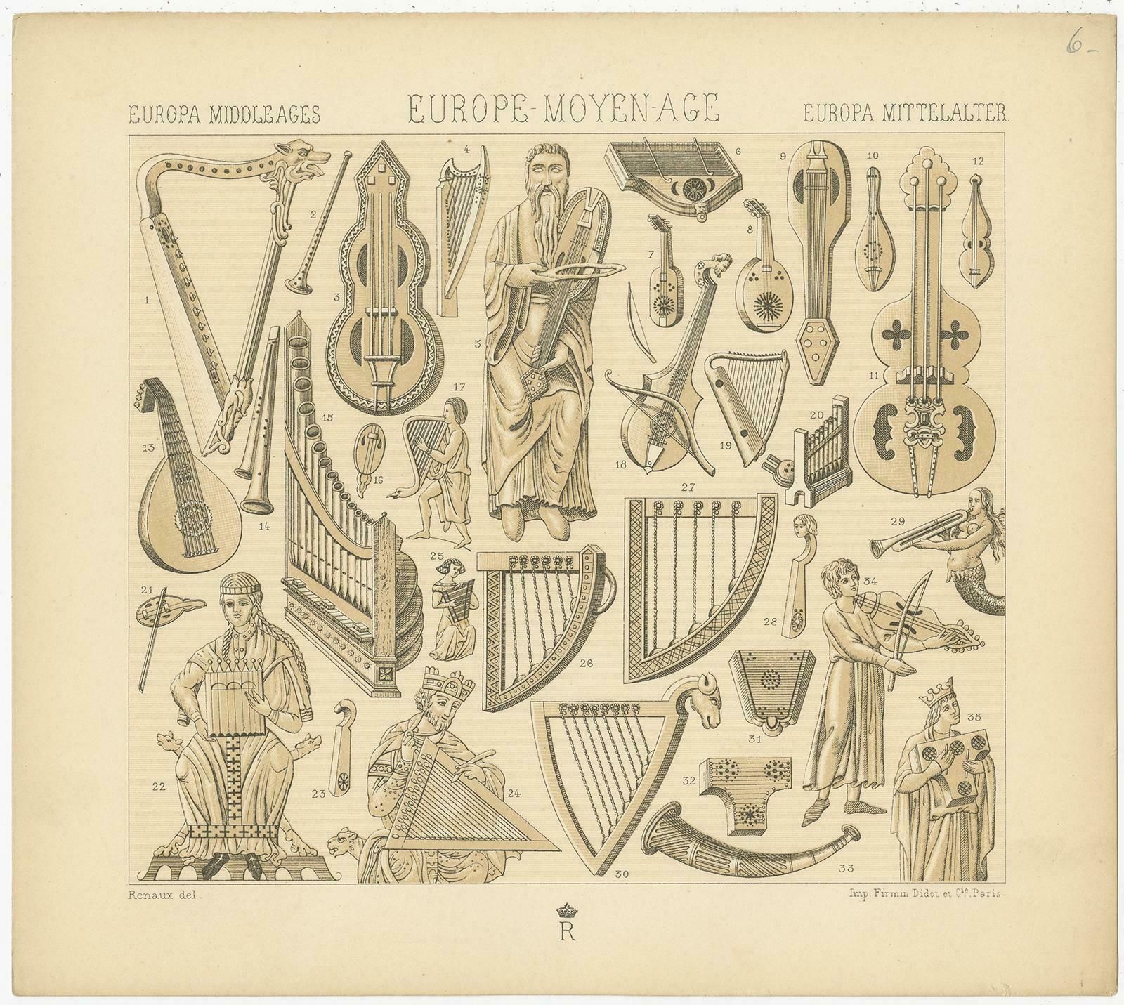 Pl. 6 Antique Print Of European Middle Ages Music Objects By Racinet, Circa 1880 photo for sale