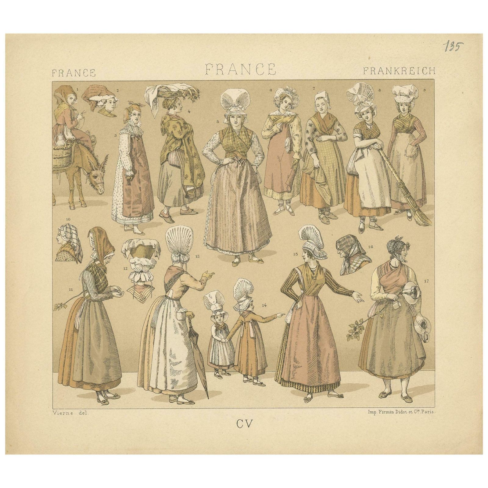 Pl. 135 Antique Print Of French Women's Outfits By Racinet, 'Circa 1880'