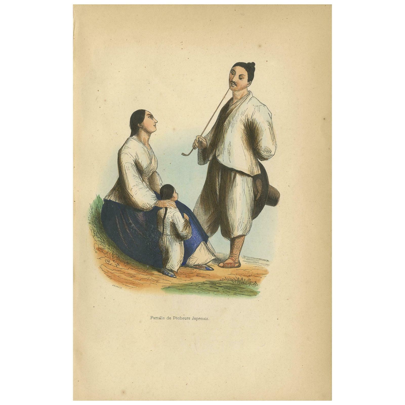 Antique Print Of A Japanese Fishermen Family By Wahlen, 1843