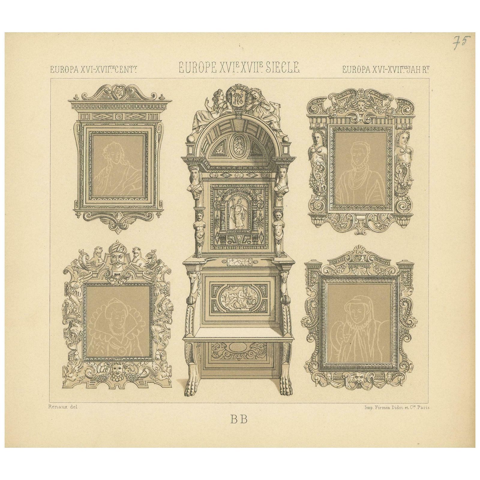 Pl. 75 Antique Print Of European Xvith Xviith Furniture By Racinet 'Circa 1880'