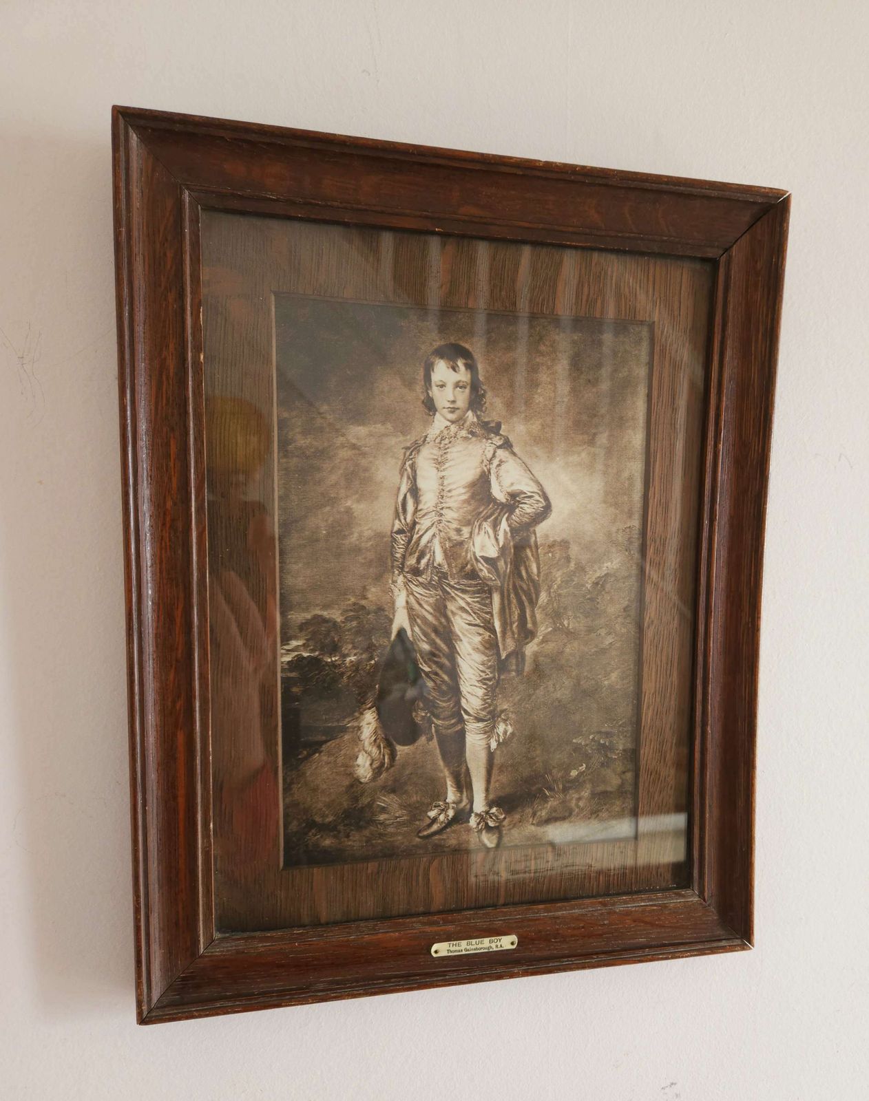 Antique, Oak Framed Black & White Print Of The Blue Boy By Gainsborough photo furniture