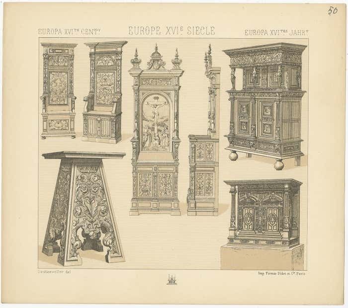 Pl 50 Antique Print Of European 16th Century Furniture By Racinet photo for sale