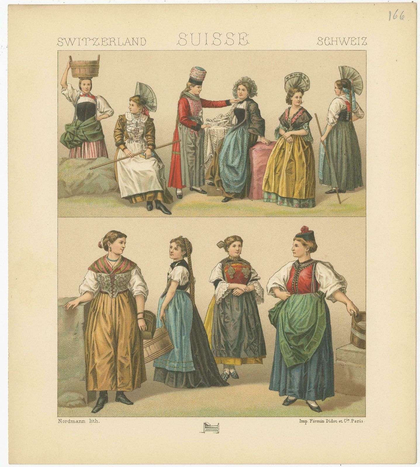 Pl. 166 Antique Print Of Swiss Women's Dresses By Racinet, 'Circa 1880' photo Art