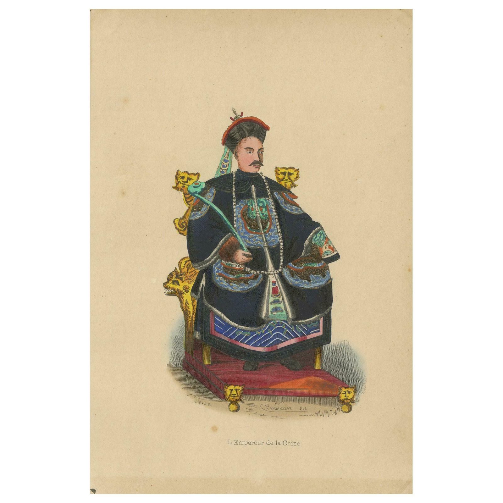 Antique Costume Print Of A Chinese Emperor By Wahlen, 1843