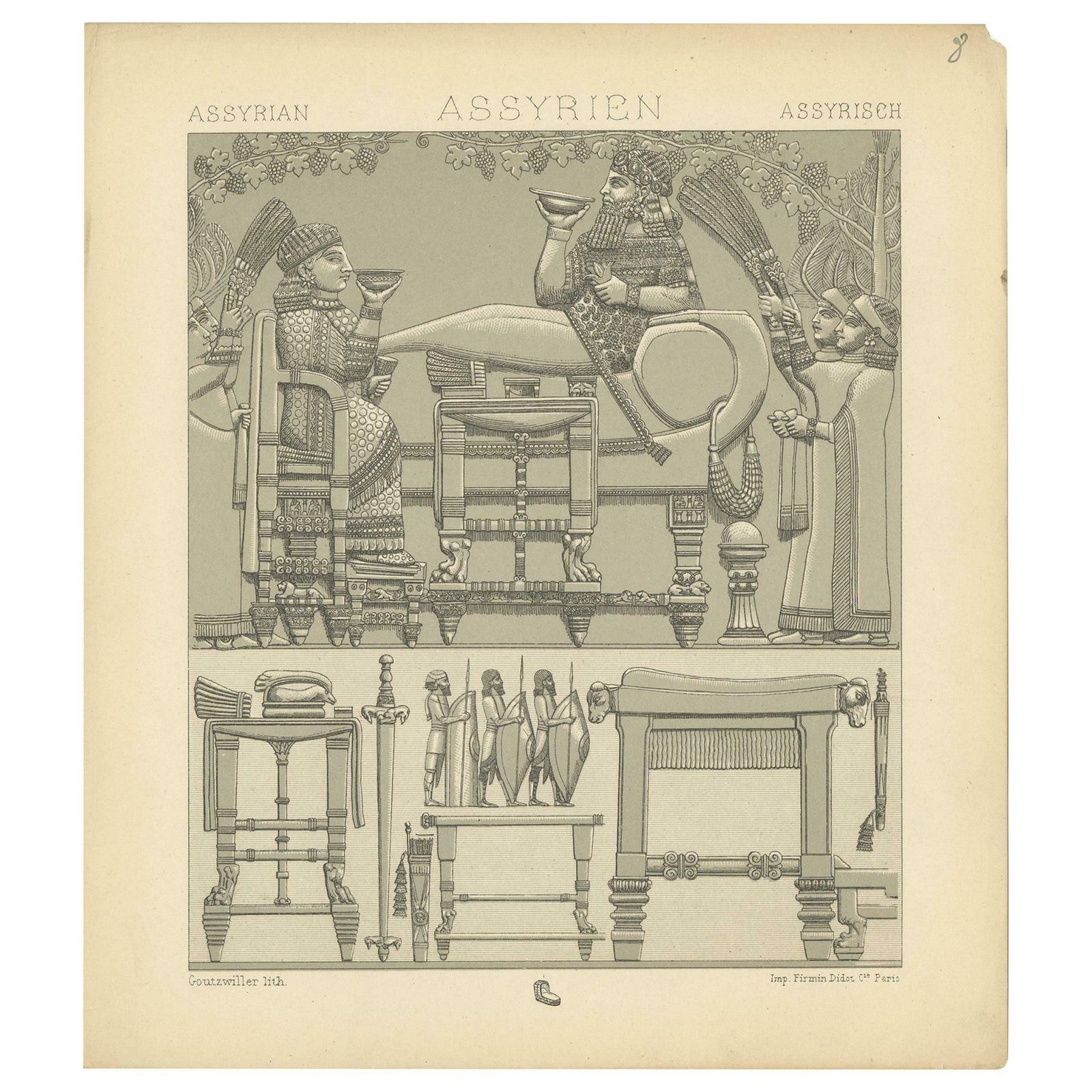 Pl. 8 Antique Print Of Assyrian Furniture By Racinet, 'Circa 1880'
