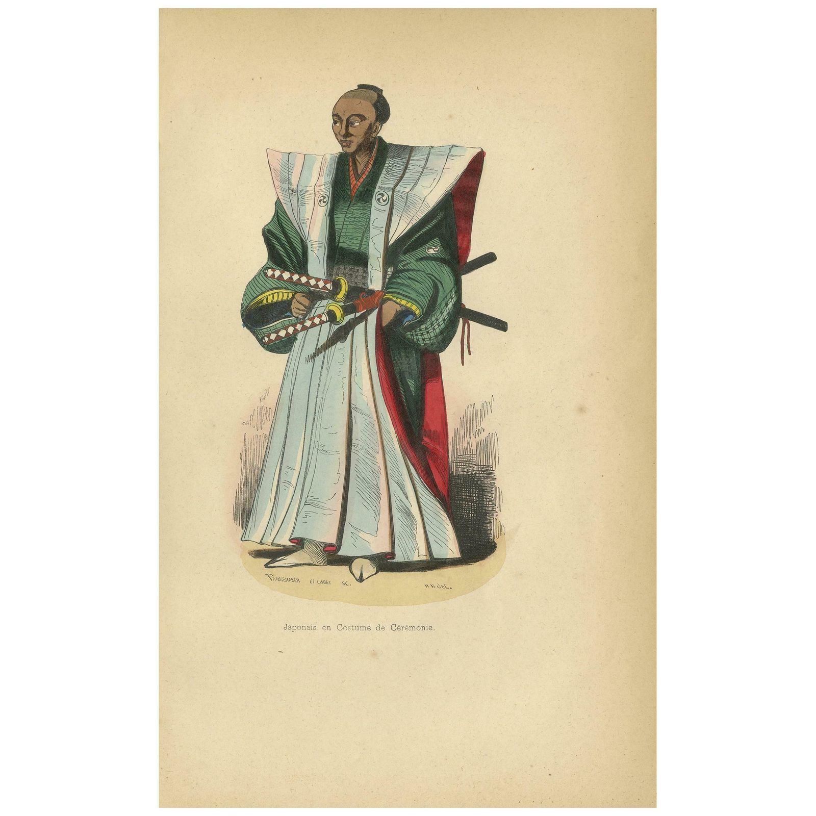 Antique Print Of A Japanese Ceremonial Costume By Wahlen, 1843