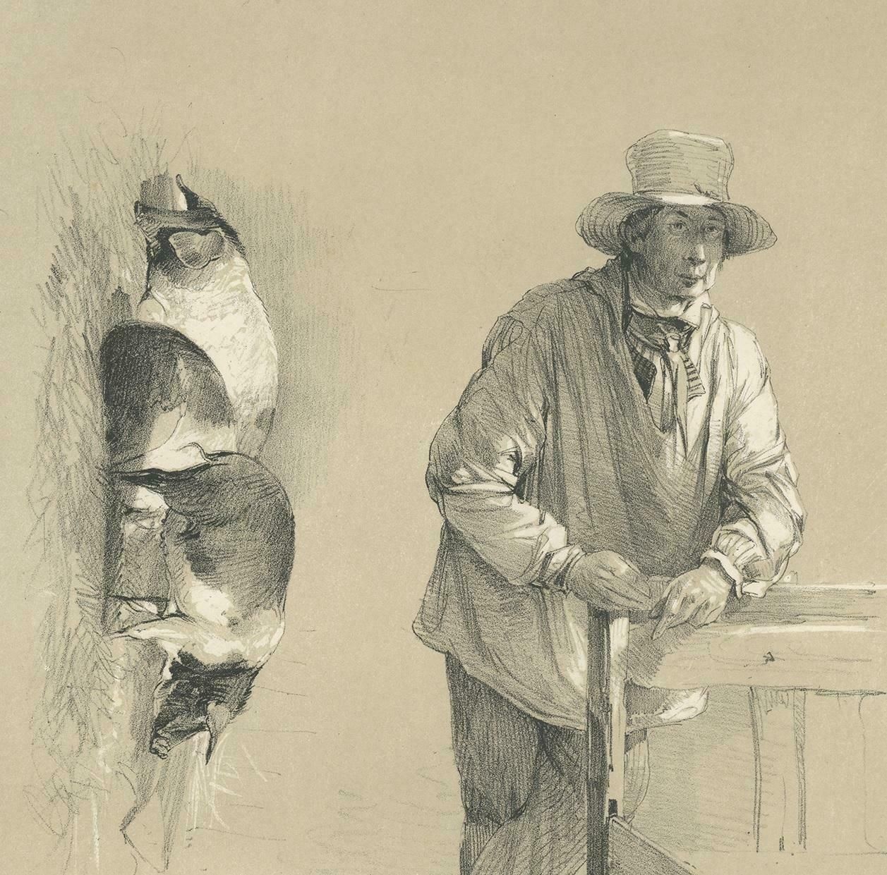 Original Antique Print Of Pigs And A Farmer By Ducôte 'Circa 1840' photo for sale