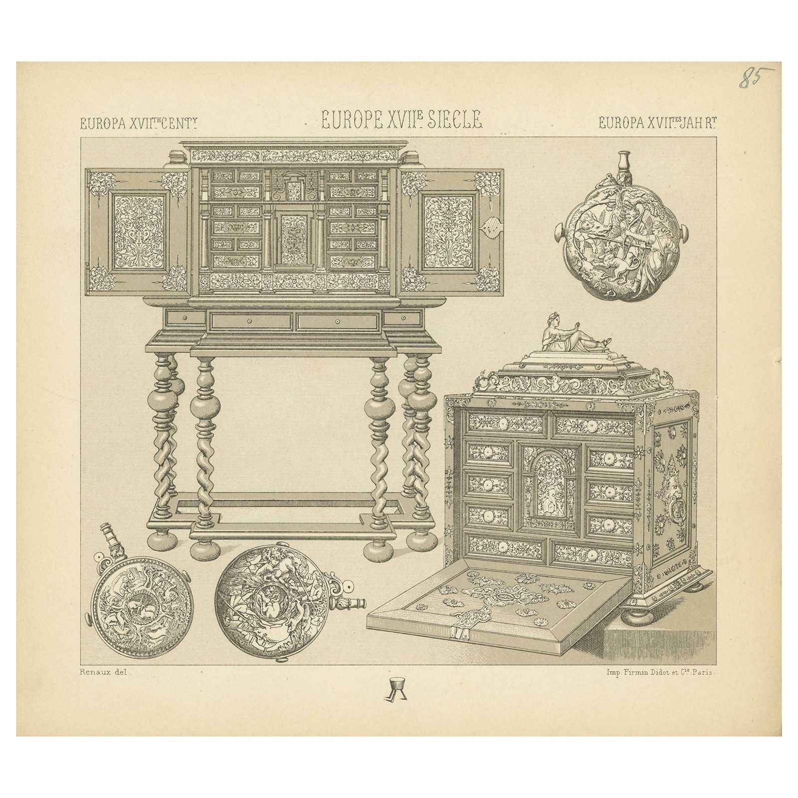 Pl 85 Antique Print Of European 17th Century Furniture By Racinet