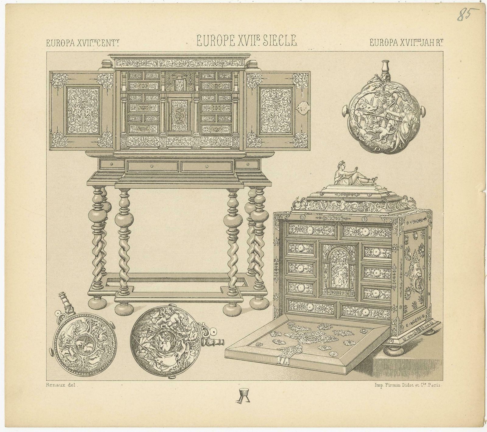 Pl 85 Antique Print Of European 17th Century Furniture By Racinet photo Art