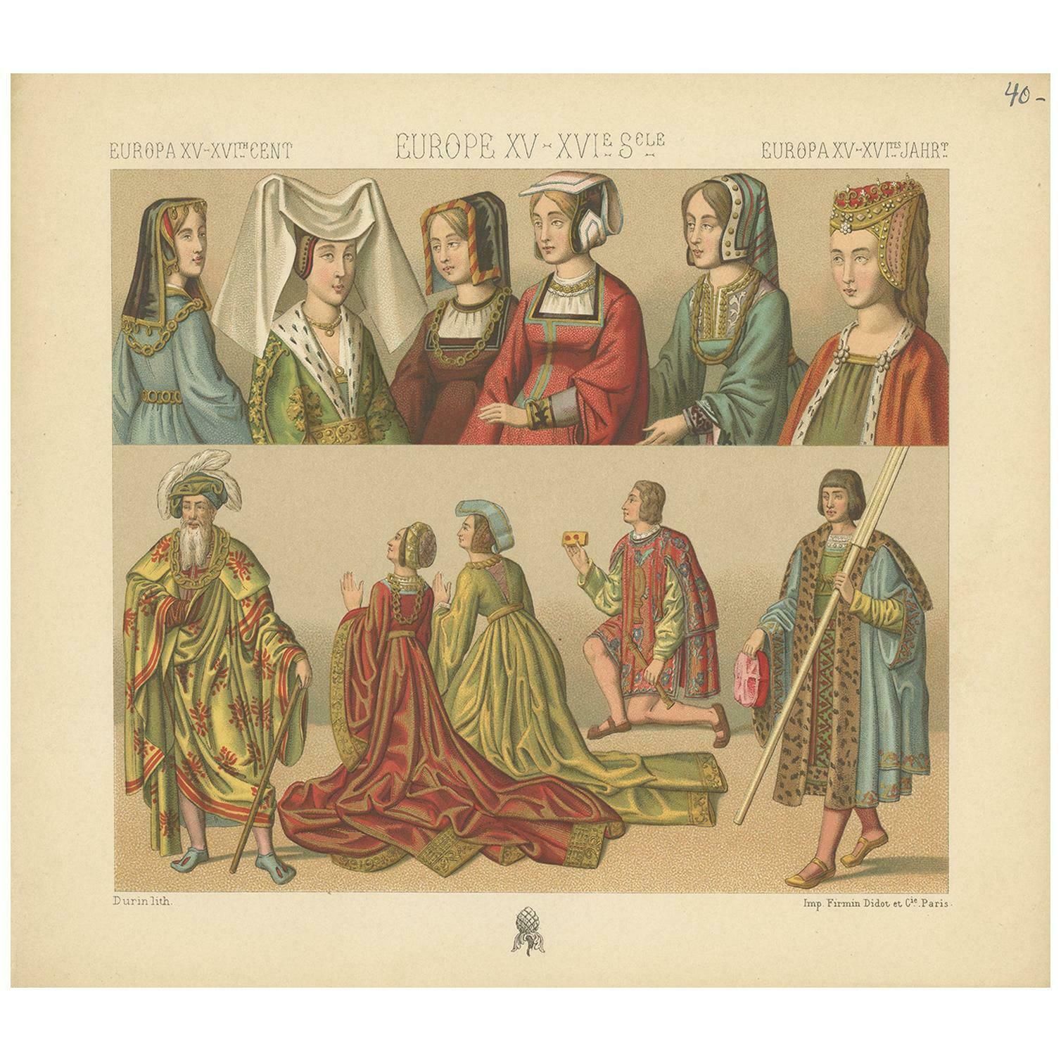 Pl 40 Antique Print Of European 15th 16th Century Costumes By Racinet