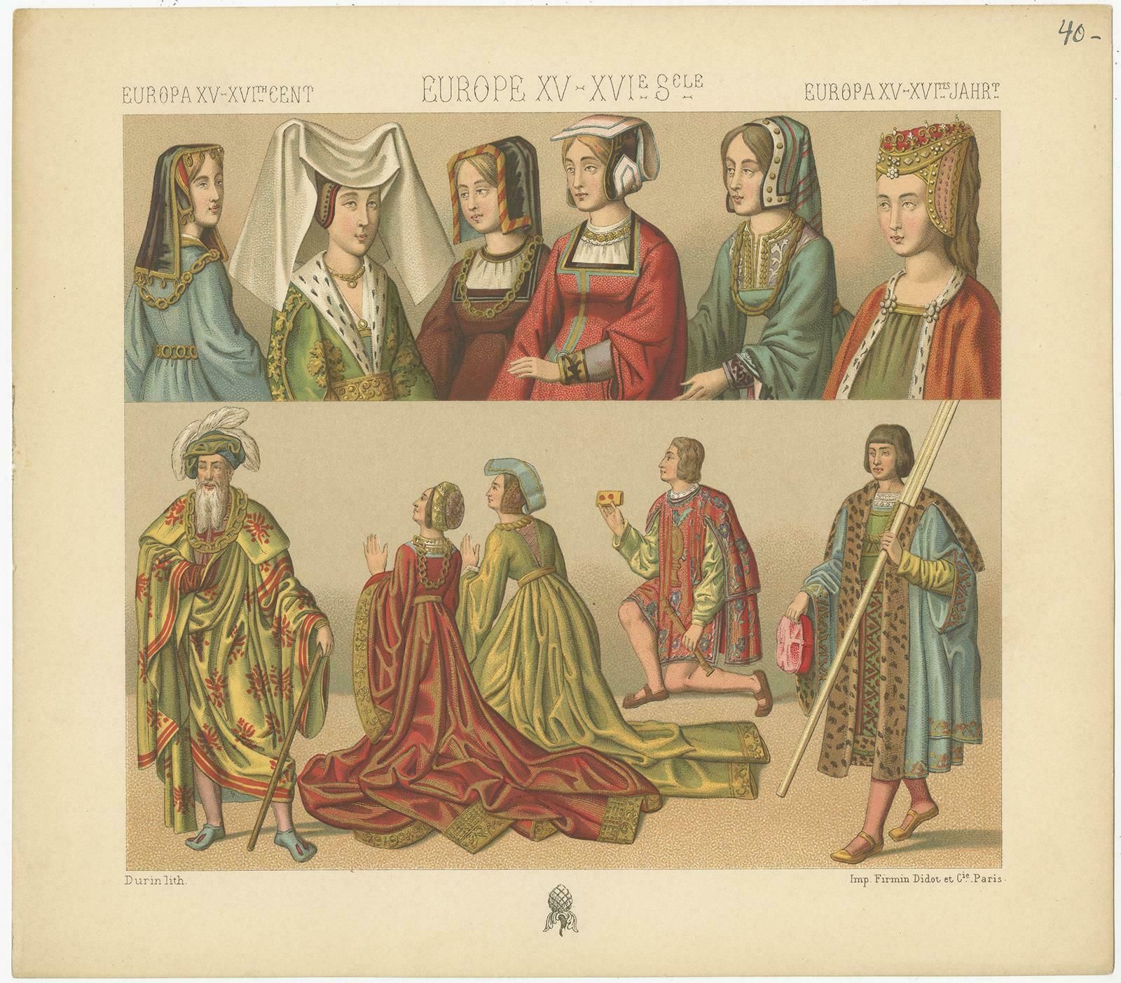 Pl 40 Antique Print Of European 15th 16th Century Costumes By Racinet photo furniture