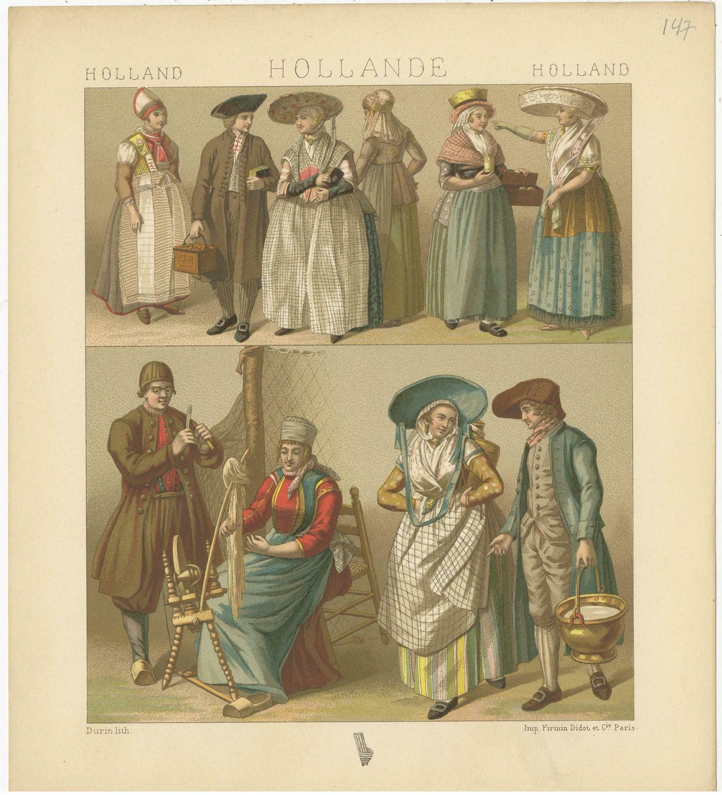 Pl. 147 Antique Print Of Holland Outfits By Racinet, 'Circa 1880' photo Art