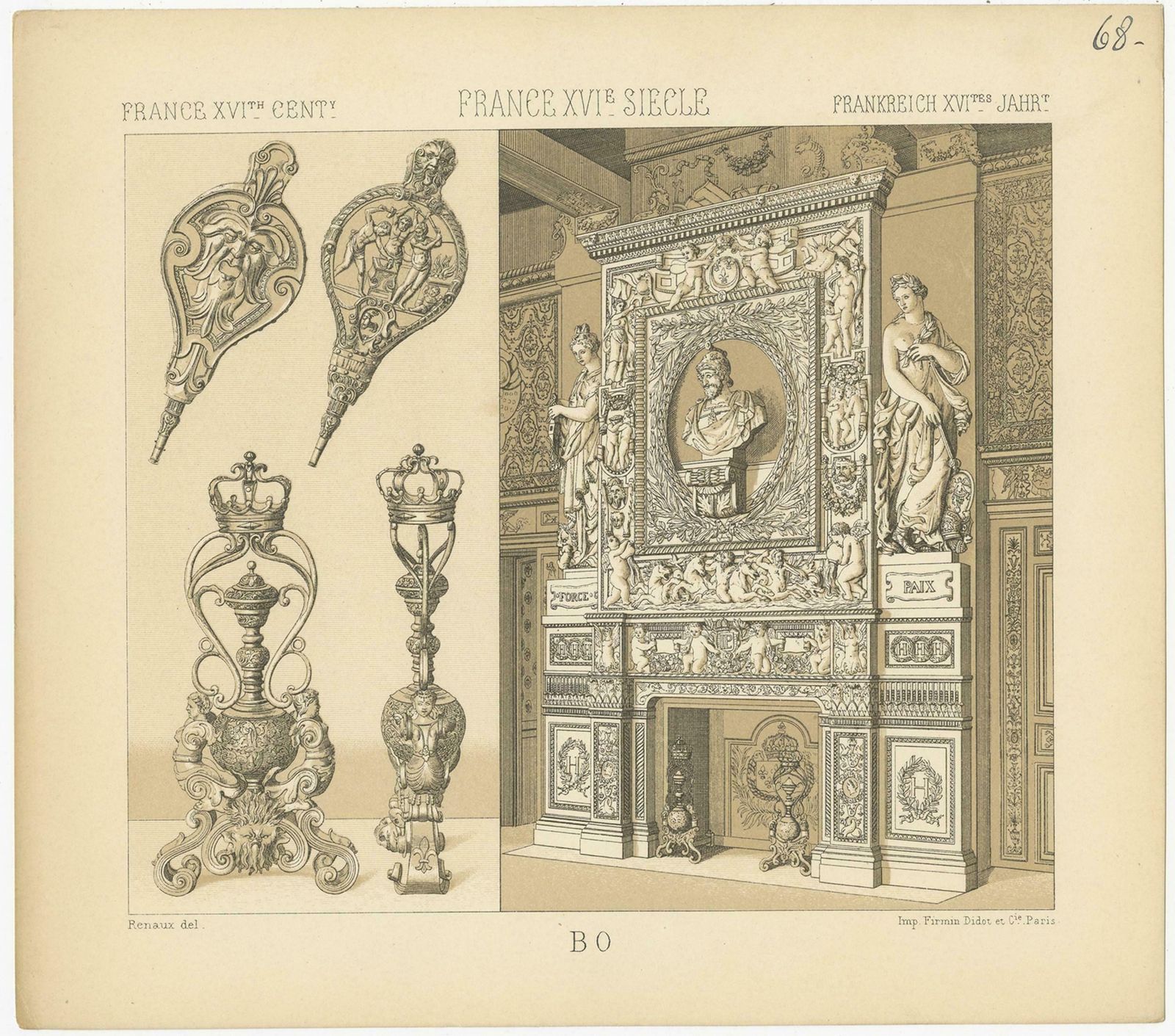 Pl. 68 Antique Print Of French Decorative Objects By Racinet, Circa 1880 photo furniture