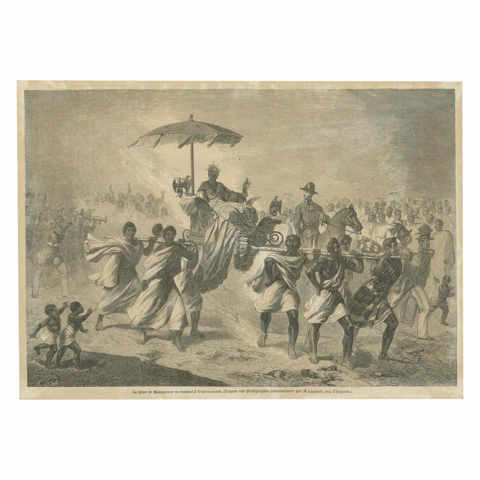 Antique Print Of The Queen Of Madagascar In A Sedan Chair