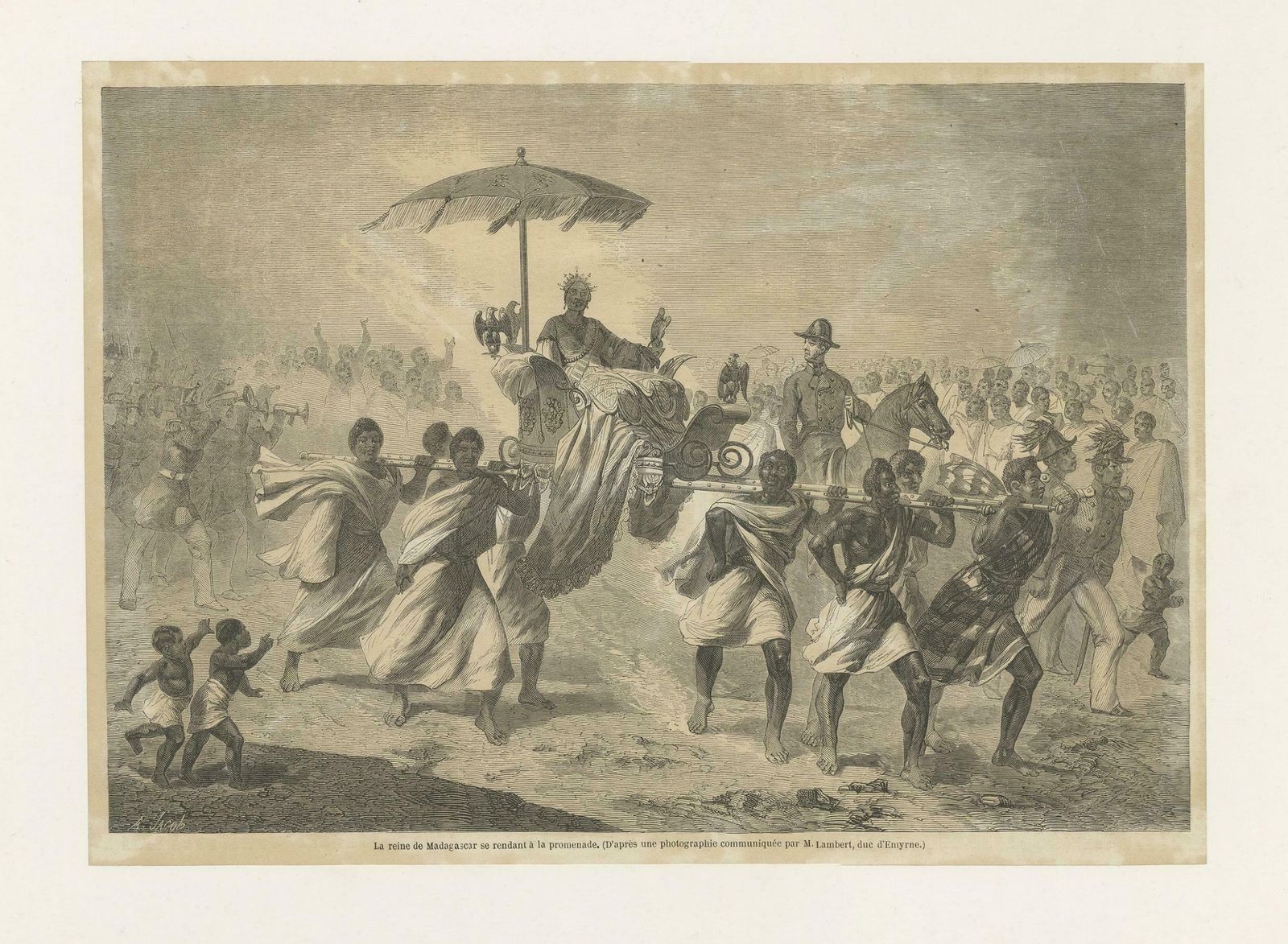 Antique Print Of The Queen Of Madagascar In A Sedan Chair photo furniture