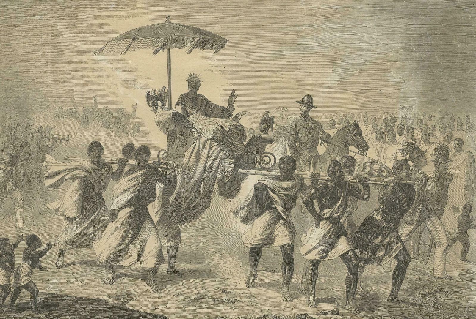 Antique Print Of The Queen Of Madagascar In A Sedan Chair photo for sale