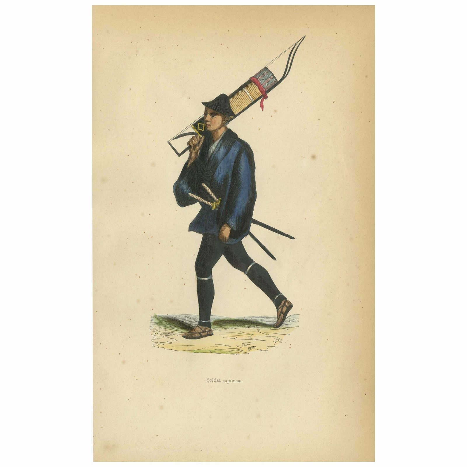 Antique Print Of A Japanese Carrying Bows By Wahlen, 1843