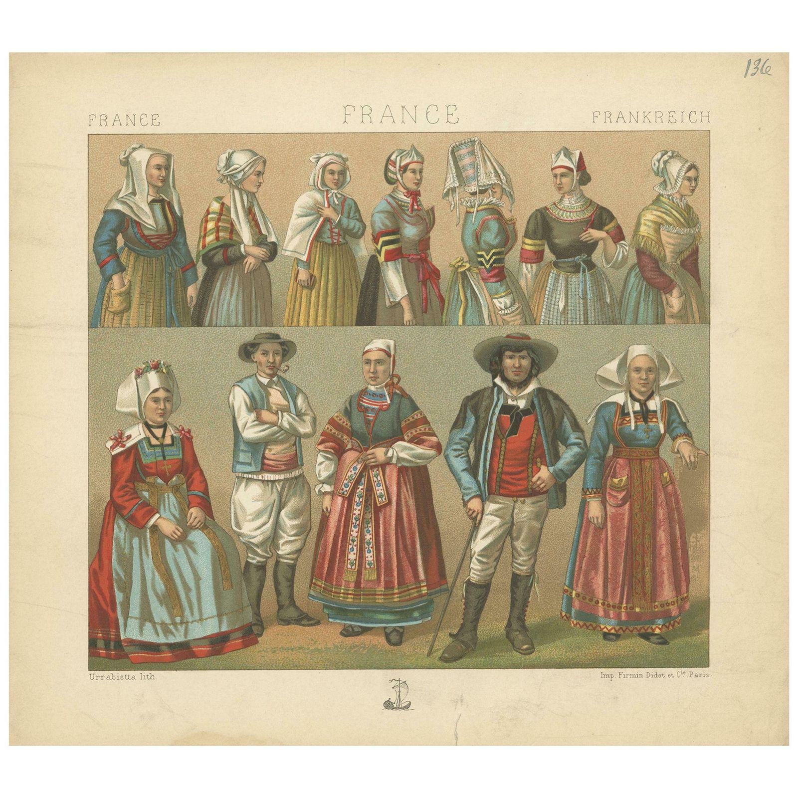 Pl. 136 Antique Print Of French Outfits By Racinet, Circa 1880