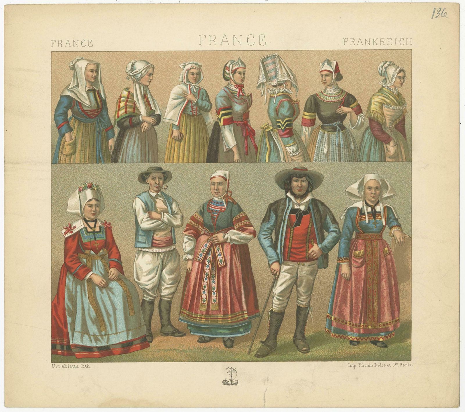 Pl. 136 Antique Print Of French Outfits By Racinet, Circa 1880 photo for sale