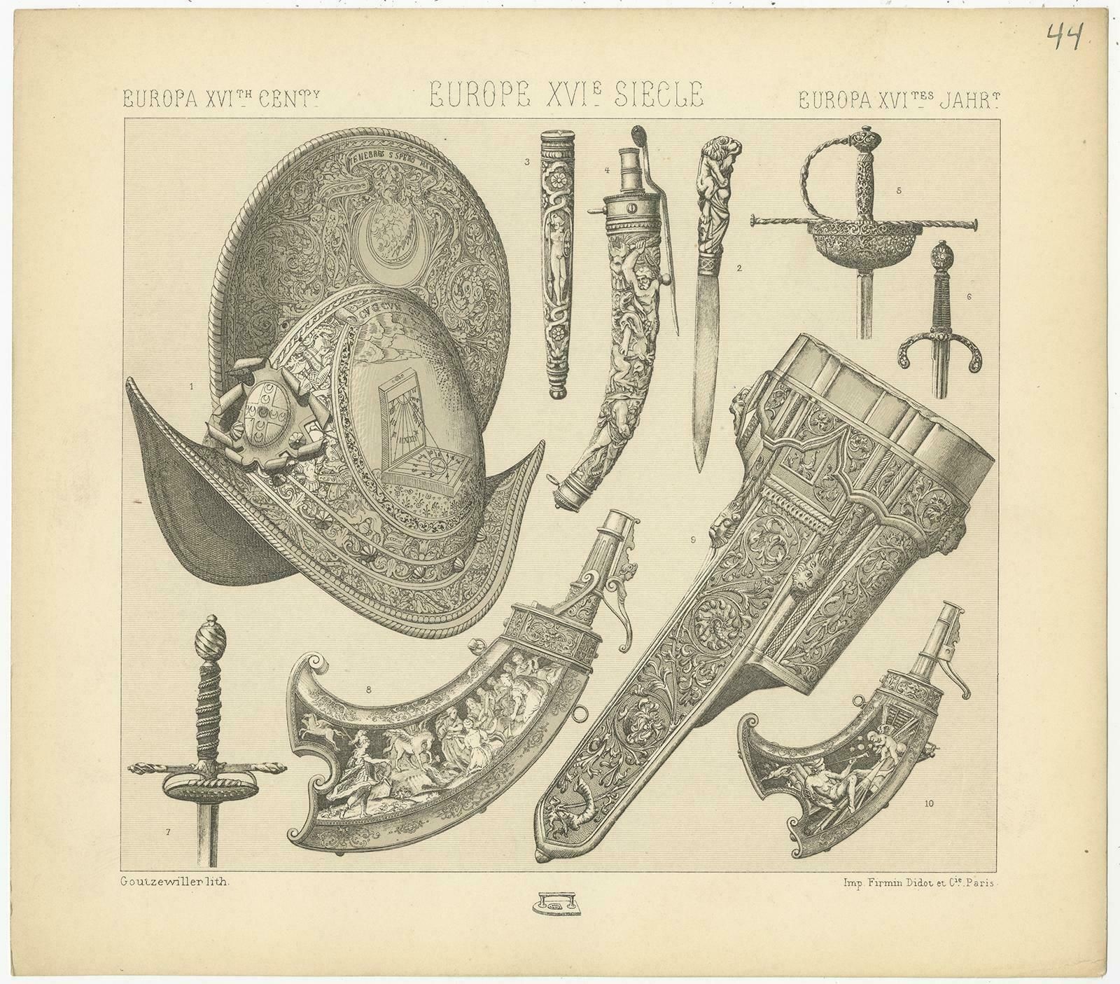 Pl 44 Antique Print Of European 16th Century Armor And Weapons By Racinet photo furniture